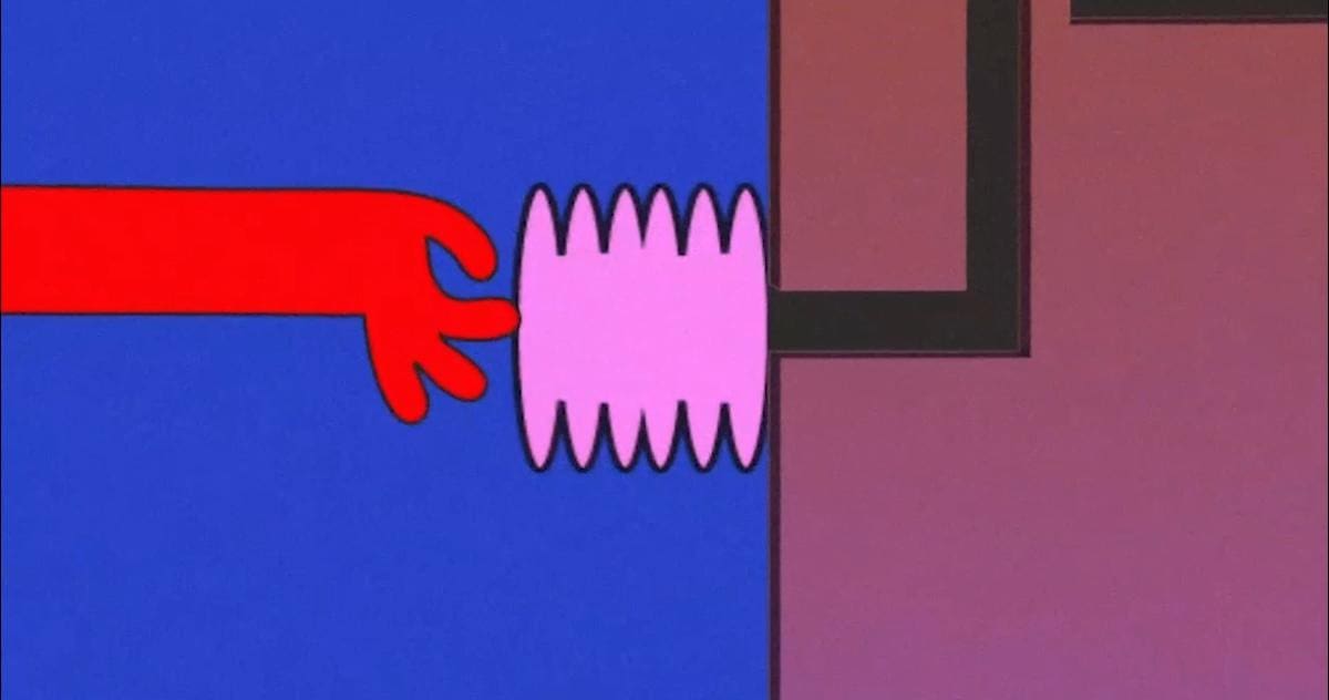Still from a motion design project. Cartoon red hand on a dark blue and purple background touching a bright purple bumpy shape.