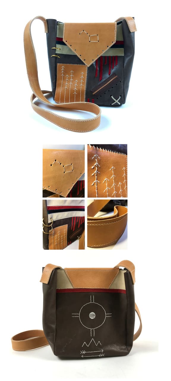 three photos of the have handbag made out of dark and light brown material and lots of white embroidery.