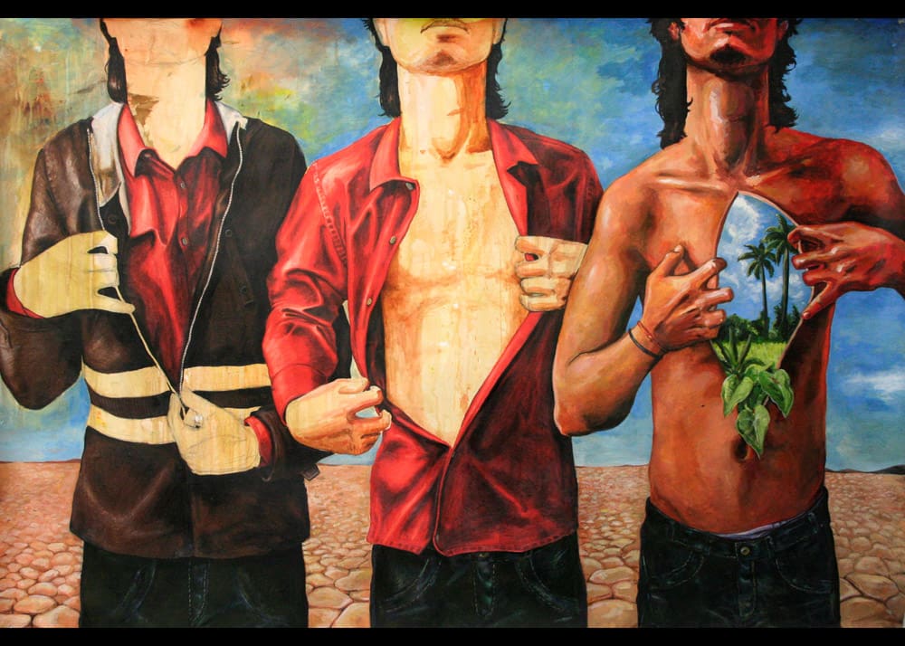 Gabriel Vinas. Illustration of three men standing in the desert. The left-most man is zipping open his black jacket, to reveal a red dress shirt. The center man is buttoning open his red dress shirt, to reveal his chest. The right-most man is peeling open his chest, to reveal a tropical enviornment.