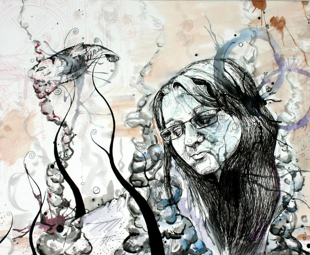 Abstract Illustration of a woman's portrait surrounded by smoky structures, and black tendrils.