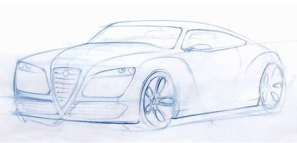 Blue and white sketch of a concept car.