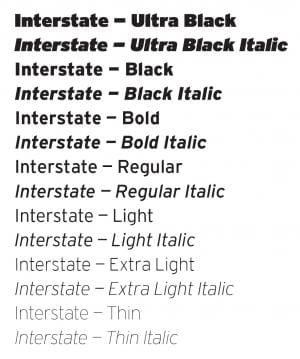 A digram of the varied versions of the Interstate font used by the CCS brand.