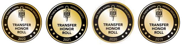 Four circular badges showing that CCS has received "Transfer Honor Roll" status ffrom 2019-2011