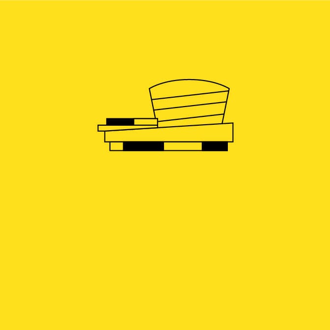 Black icon of a tabletop and chair on a yellow background