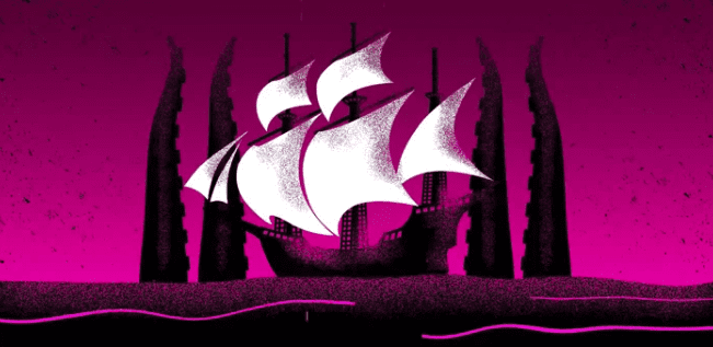 Digital illustration of a ship with white sails on a black sea. The background is dark pink. Behind the ship are four large octopus tentacles.