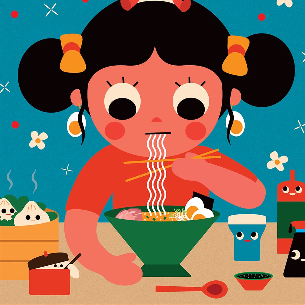 An illustration of a girl eating ramen noodles