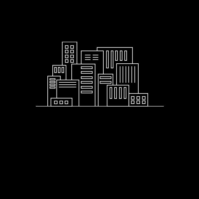 an icon / line drawing of a cityscape.