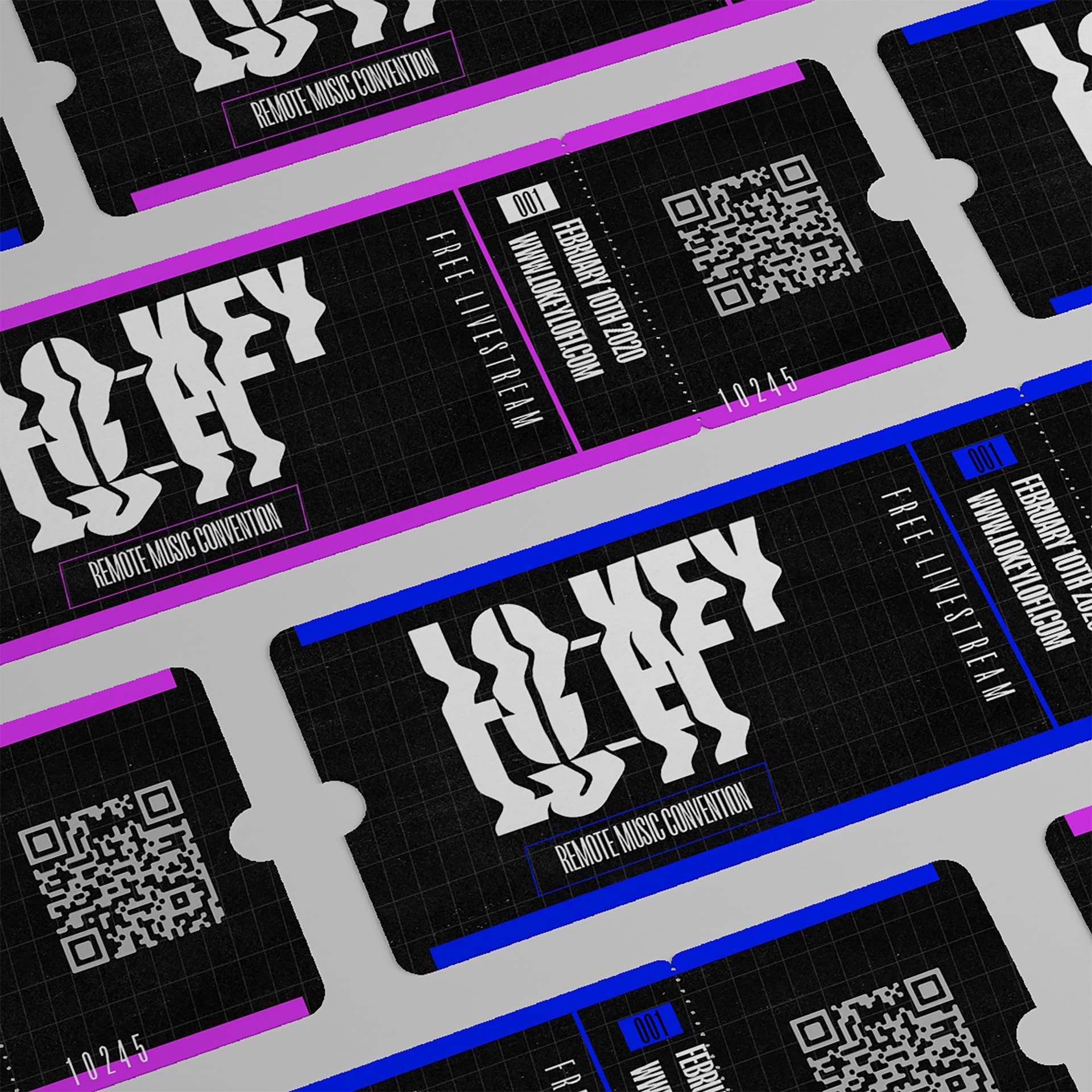 Series of motion assets created for a speculative digital music festival. Rectangular black cards with either blue or purple borders lay in a line on a white background. In white warped text, it says "Lo-Key Lo-Fi Remote Music Convention. Free Livestream".