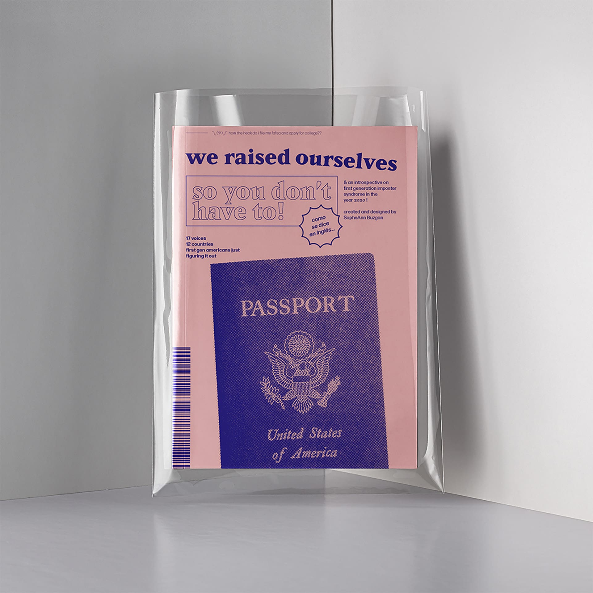Risographed zine about imposter syndrome of first generation Americans. Shows a pink pamphlet with blue ink in a plastic baggie. The title reads "We Raised Ourselves, So You Don't Have To!" and below is an image of an American passport.