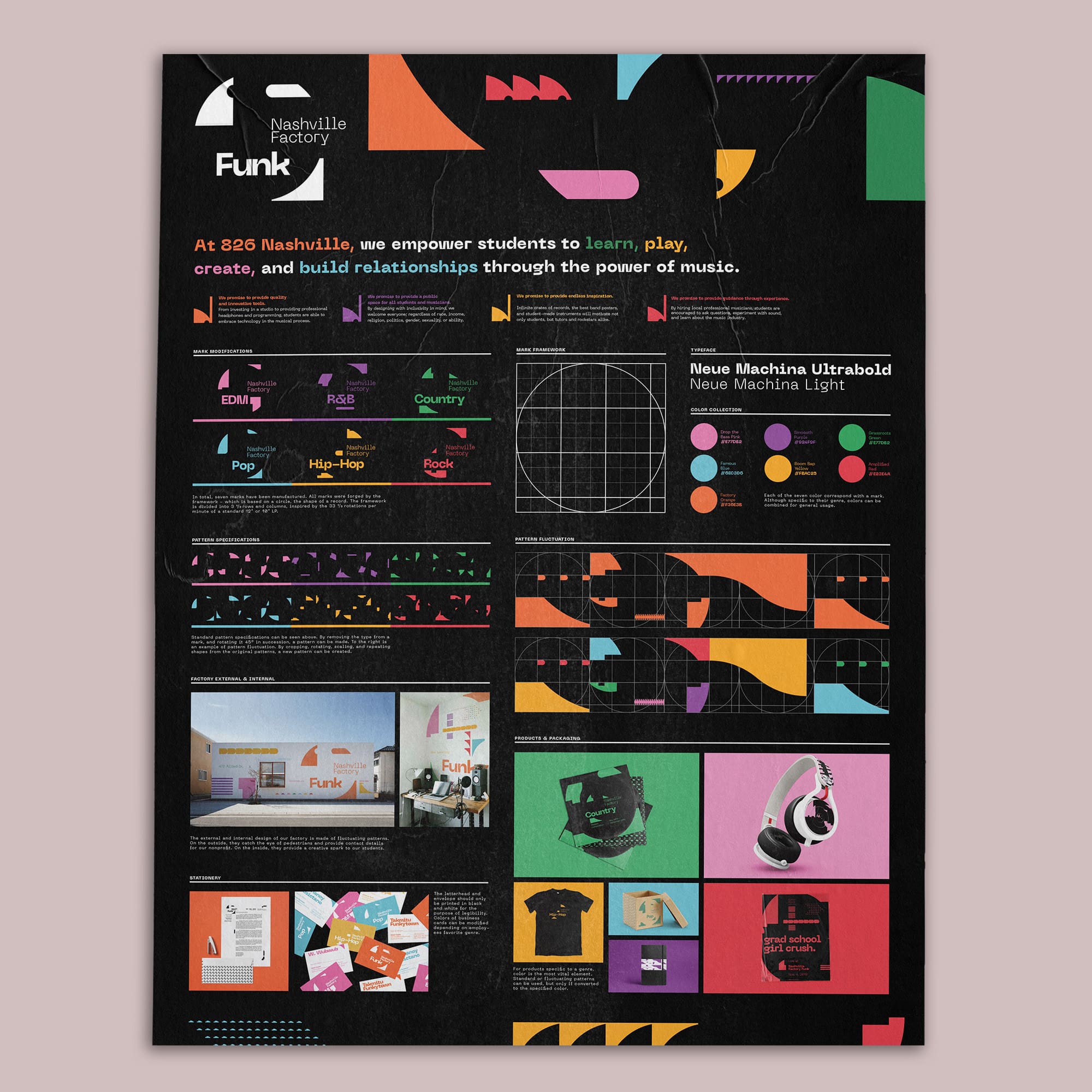 Poster showing the brand guidelines for a conceptual 826 tutoring center in Nashville. Shows a large black poster with many different graphs, photos, symbols, and text. The color scheme is orange, red, pink, green, light blue, and a bit of purple and white.