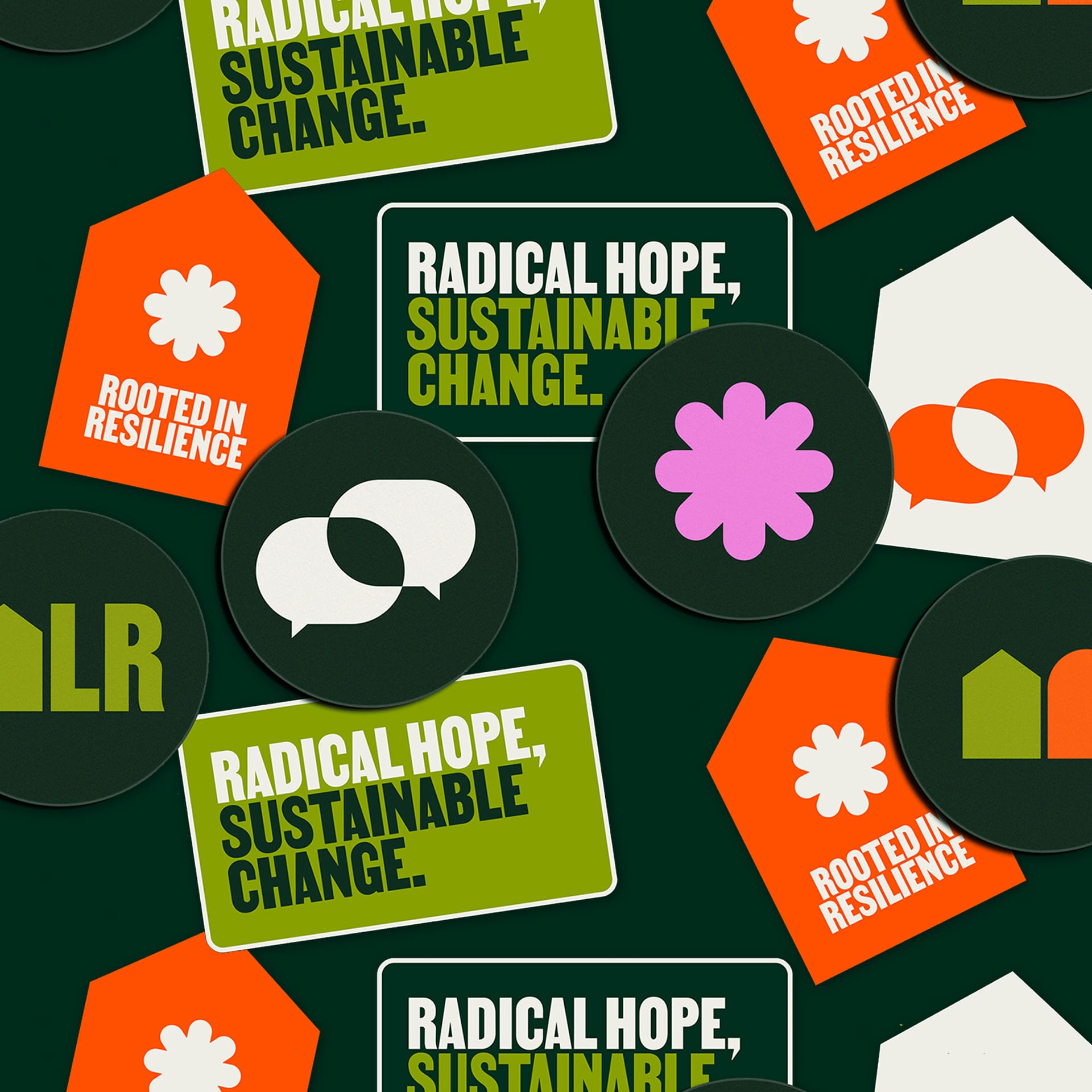 Stickers against a dark green background with strong language and iconography for the community organization Life Remodeled. The stickers are circles, rectangles, and pentagons with a color scheme of black, white, orange, and bright green. The circles have various abstract abstract shapes. The pentagons have white text which reads "Rooted in Silence" underneath a flower symbol. The rectangles have bold text that says "Radical hope, sustainable change".