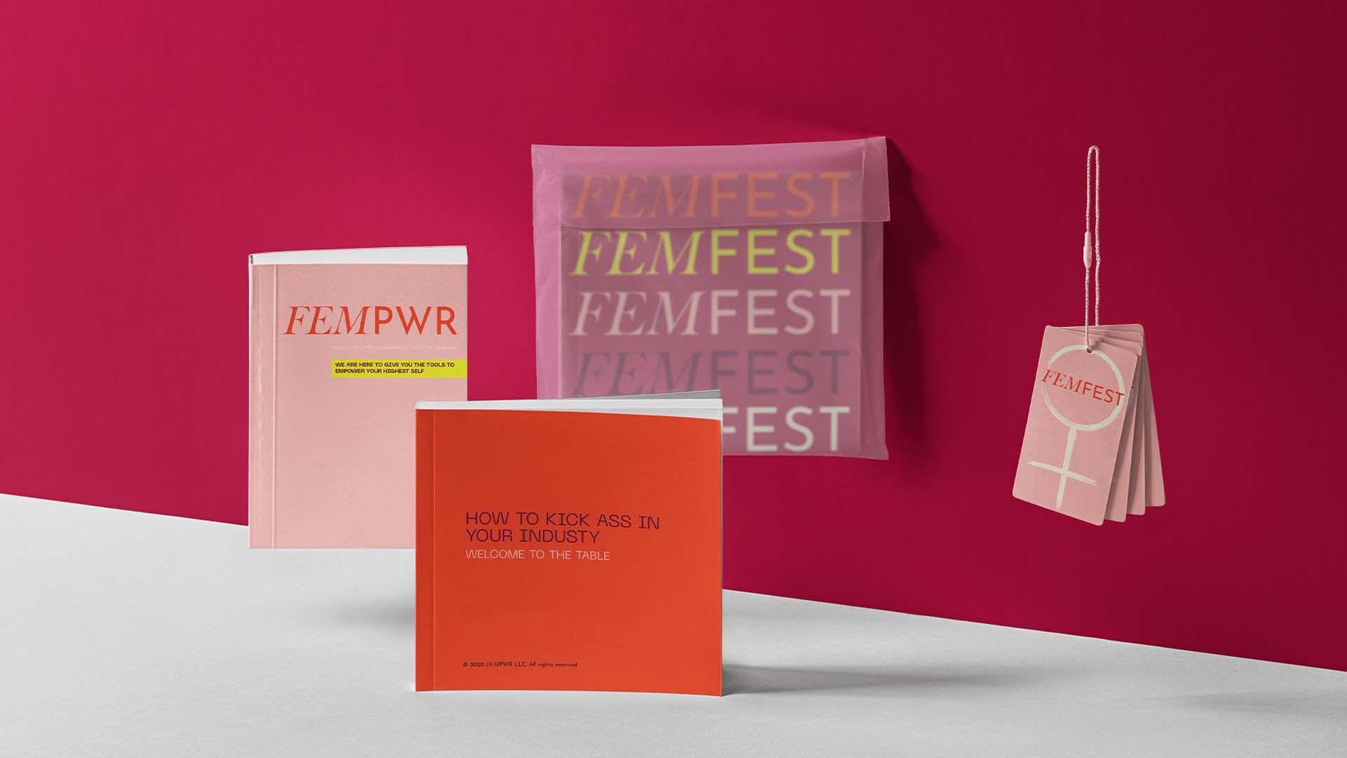 A promotional package for a conference focused on women entrepreneurs in Detroit. There is a red boom with the black title "How to Kick Ass In Your Industry", a pink book with the red text "FemPwr", a string of pink cards with a white female symbol underneath the red text "FemFest", and a purple package with the multicolored repeating text "FemFest". Pictured on a maroon wall.