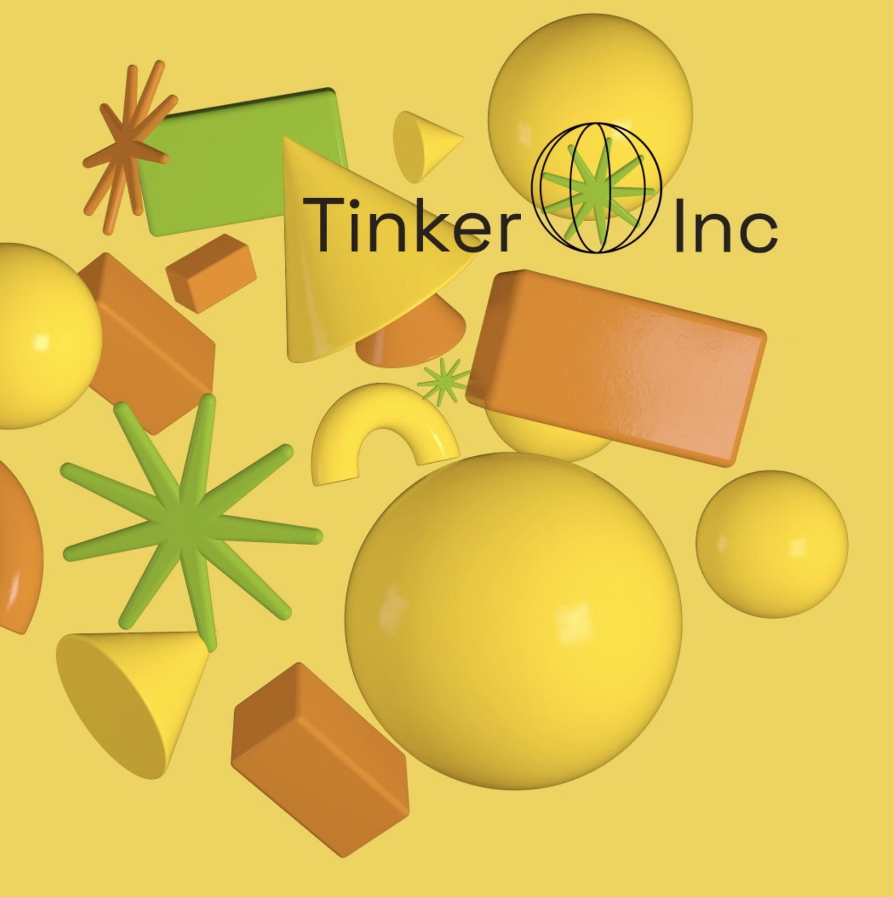 Branding for a toy-related virtual event. At the top is black text that says "Tinker Inc" against a yellow background. Behind it are several three dimensional yellow, orange, and green shapes floating in mid-air.