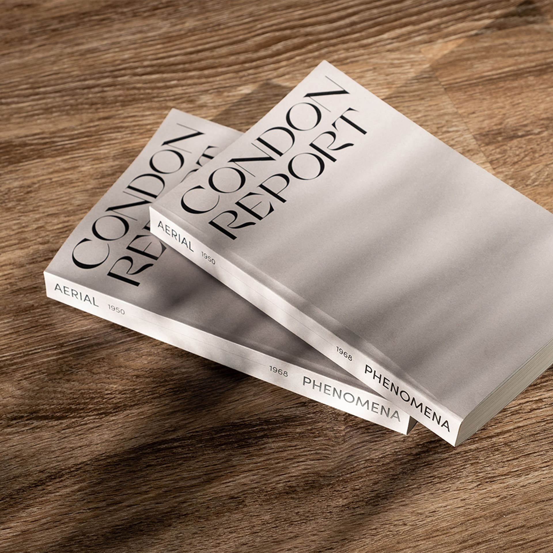 Photo of two identical books laying on a wooden table. The books are white, with a large black stylized title at the top that says "Condon Report".