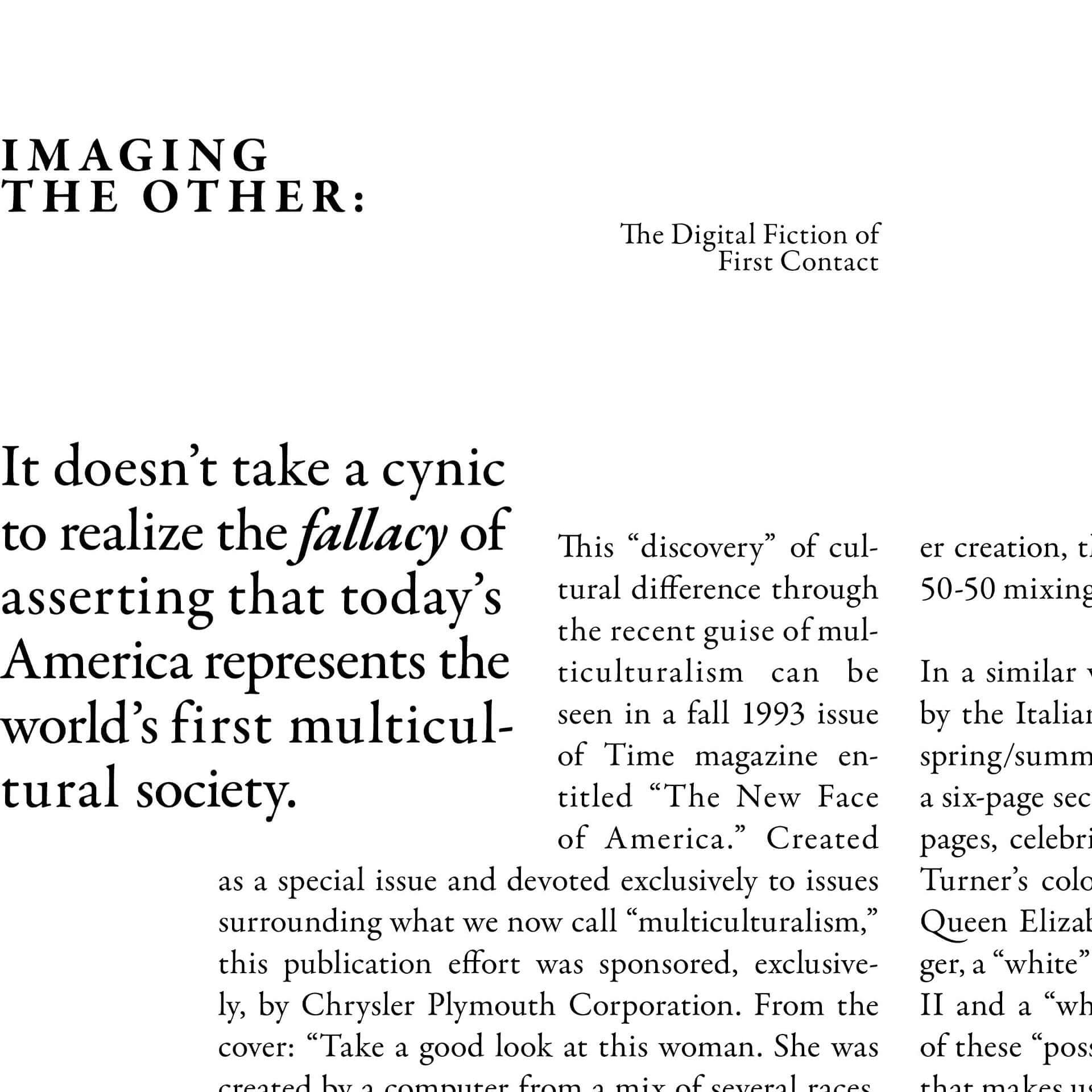 Book layout using content from In And Around: Cultures Of Design And The Design Of Cultures by Andrew Blauvelt. Depicts a white page with average black text, resembling a novel, with the header "Imagining the Other".