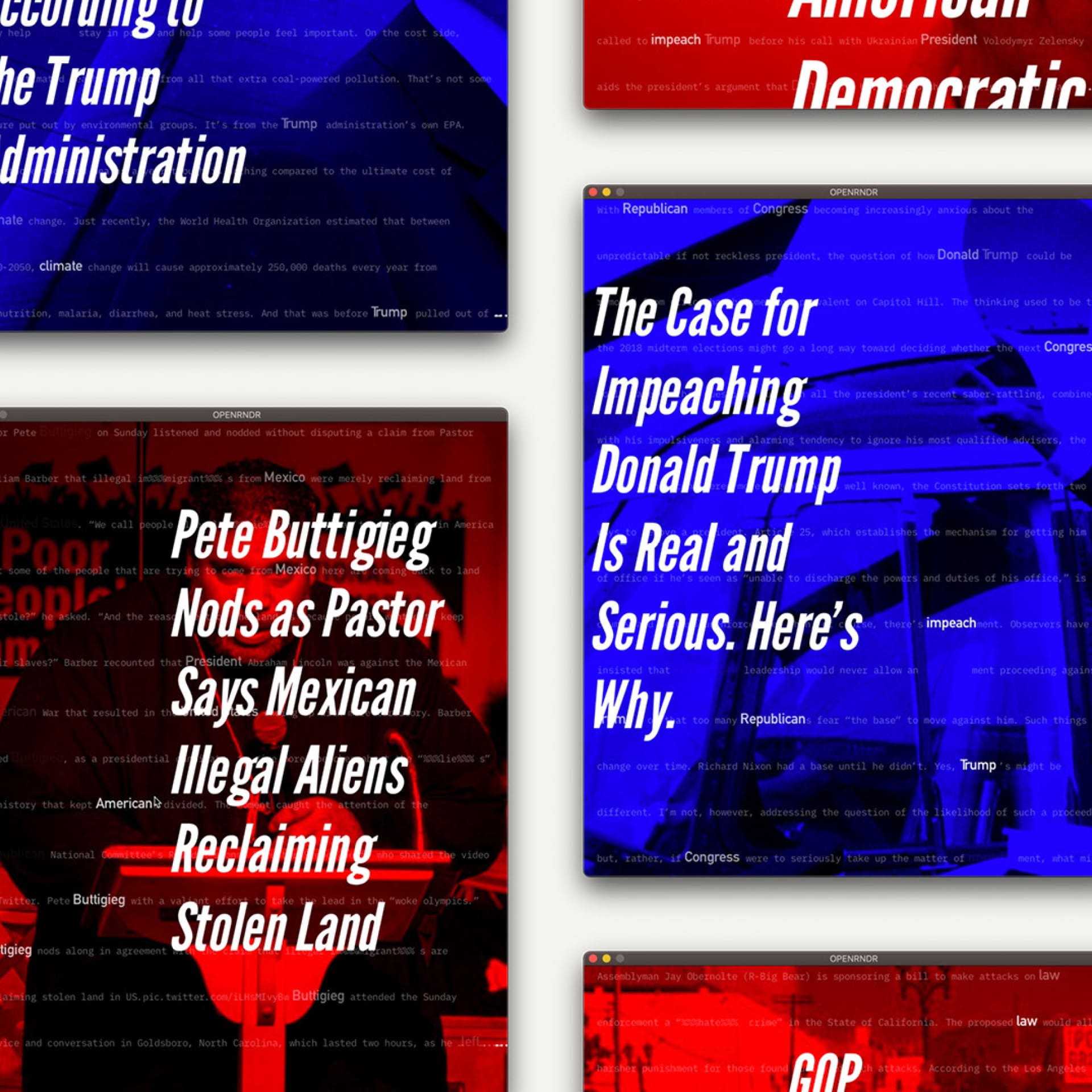 Generative political poster series. Depicts five posters laid next to each other against a white background. Each poster has large italicized white text and a photo edited with either a red or blue filter.