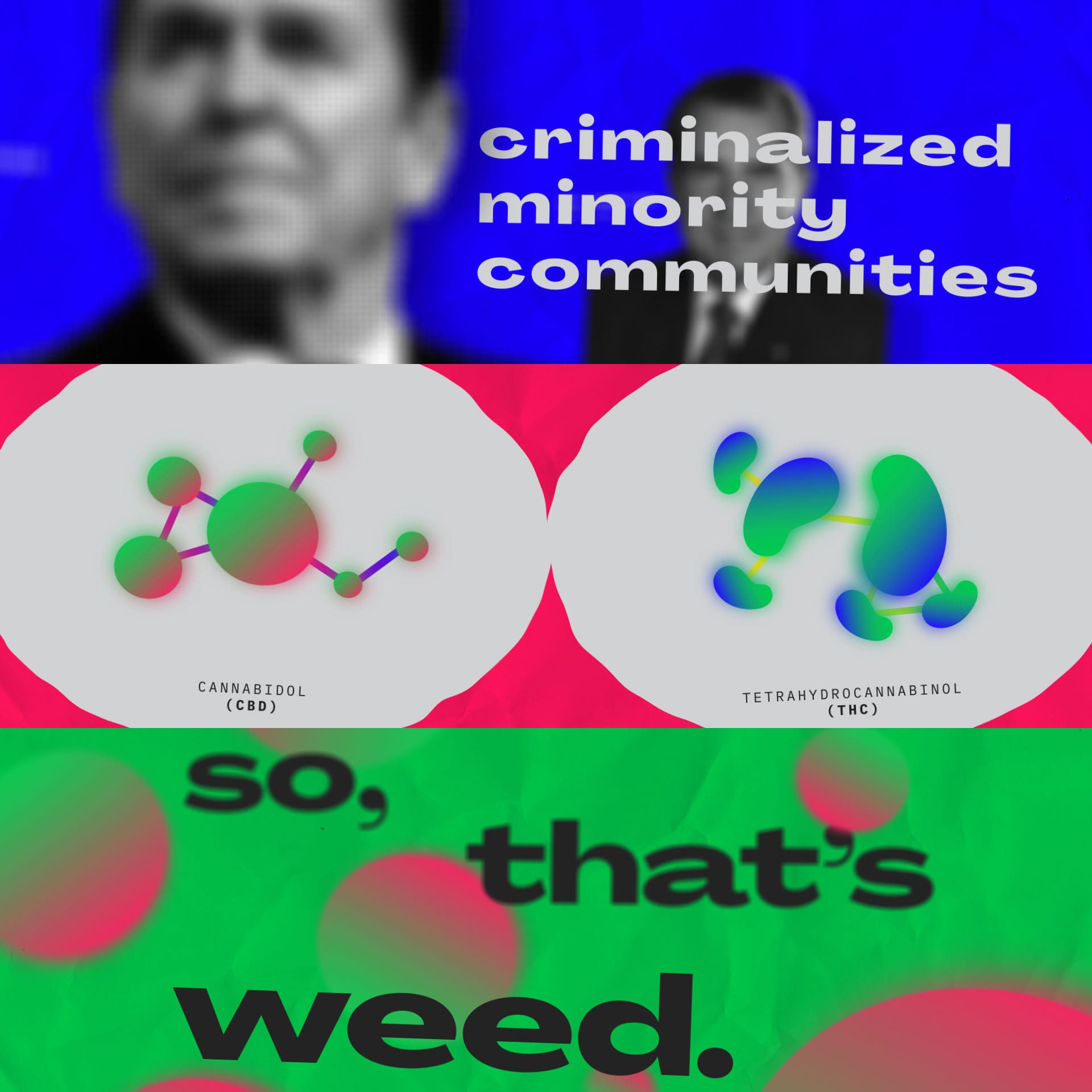 Poster about marijuana usage. The bottom panel is a green background with red and green gradient circles surrounding black text that reads "so, that's weed." The center shows two molecules comprised of red and green or blue gradient shapes with their respective names. The top panel is a blue background with two blurry monochromatic photographs of politicians behind white text that says "criminalized minority communities".