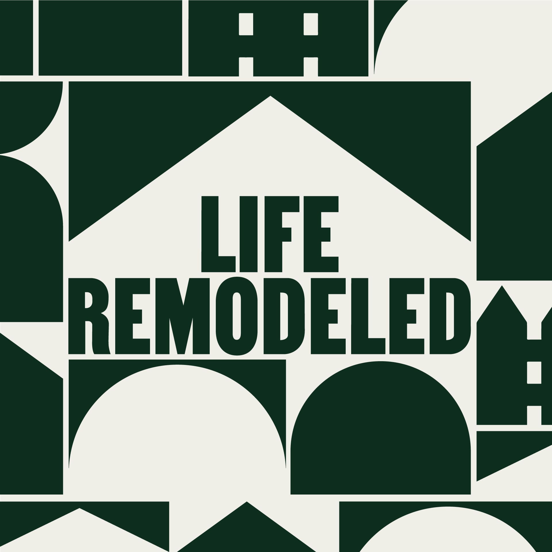 Bold black text that reads "Life Remodeled" against a white background. The text is surrounded by black geometric shapes that resemble housing units. Part of a branding system.