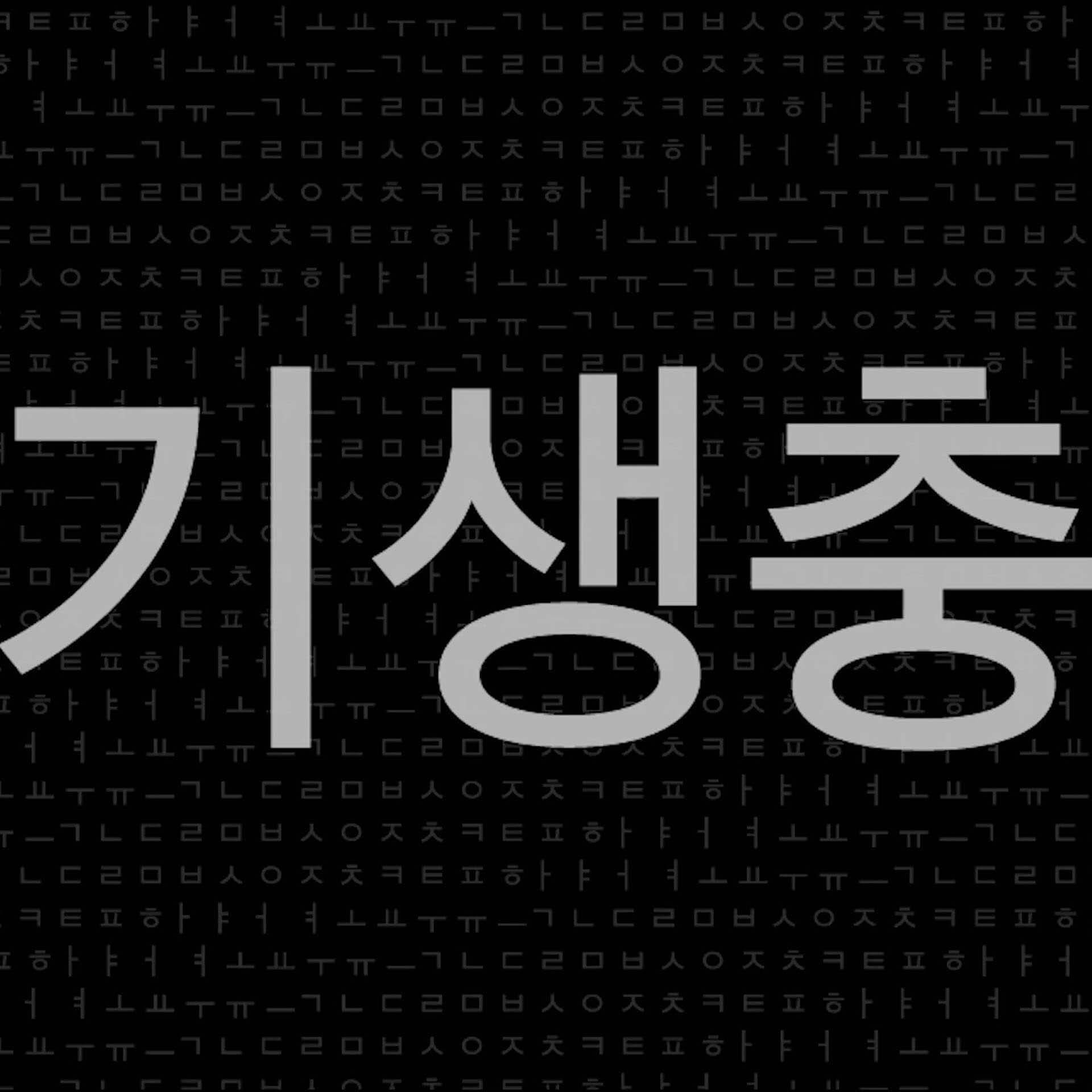 Digital image of large white Korea script on a black background. Small, dark grey Korean script forms a pattern in the background. Motion sequence for the film Parasite.