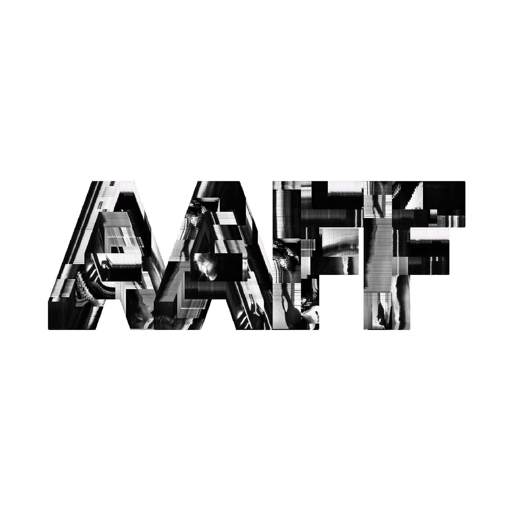 Kinetic Type Tool for the 59th Ann Arbor Film Festival. Image of the acronym "AAFF" written in bold black lettering against a white background. Abstract images create the shapes of the letters.