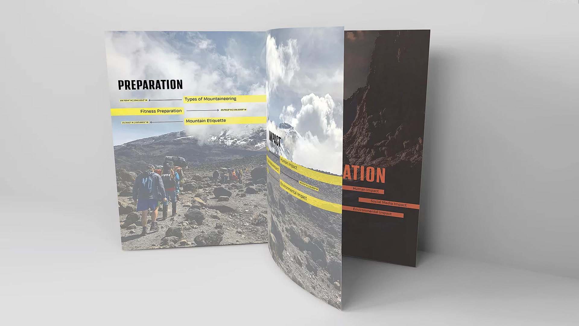 Photo of an open book propped up against a grey wall. The entire two page spread is a photo of two hikers walking in a mountain range. In the top left is a bold black title that reads "Preparation". Below is smaller black text and some yellow text boxes.