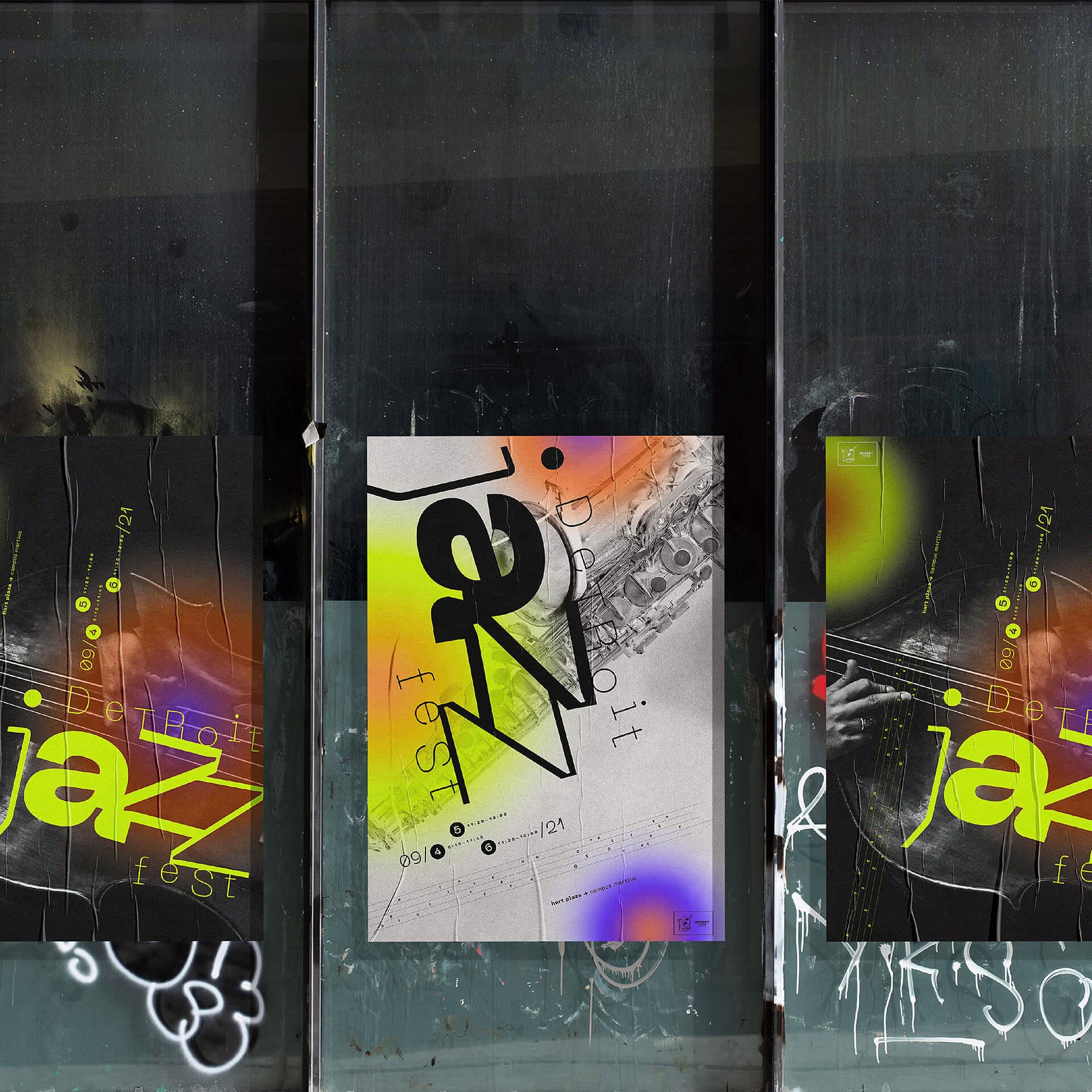Poster for an event identity. Photo of three posters an a graffitied green metal wall. The posters are either black or white with yellow, blue, orange, and purple gradient circles on top of an instrument. Large black or yellow text says "Detroit Jazz Fest".