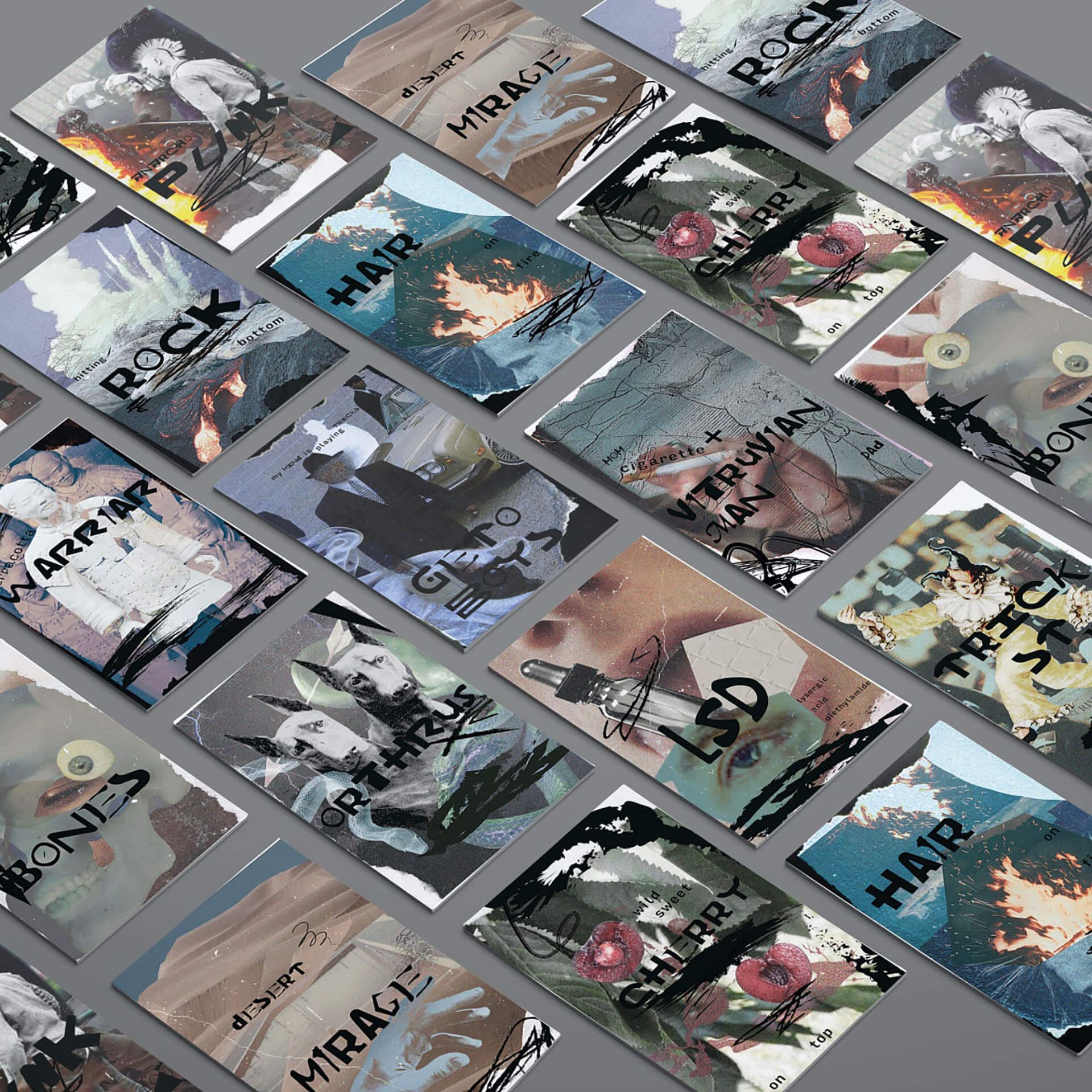 Several cards are laid out next to each other on a grey background. Each card features a different image with black text that related to the image.