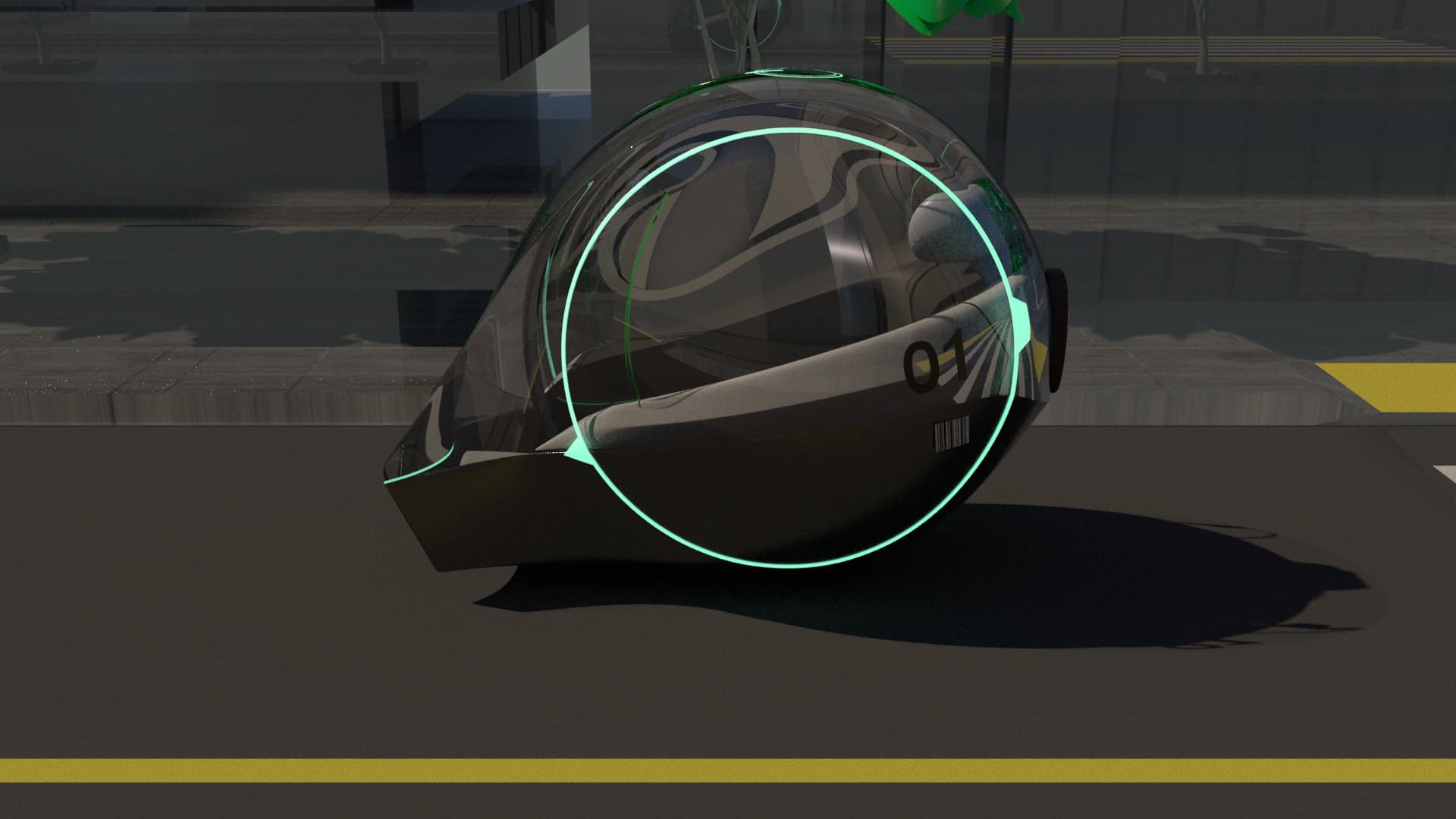 Digital rendering of a small spherical black vehicle driving on the road. There is a blowing blue ring on the side of the vehicle and a black number one.