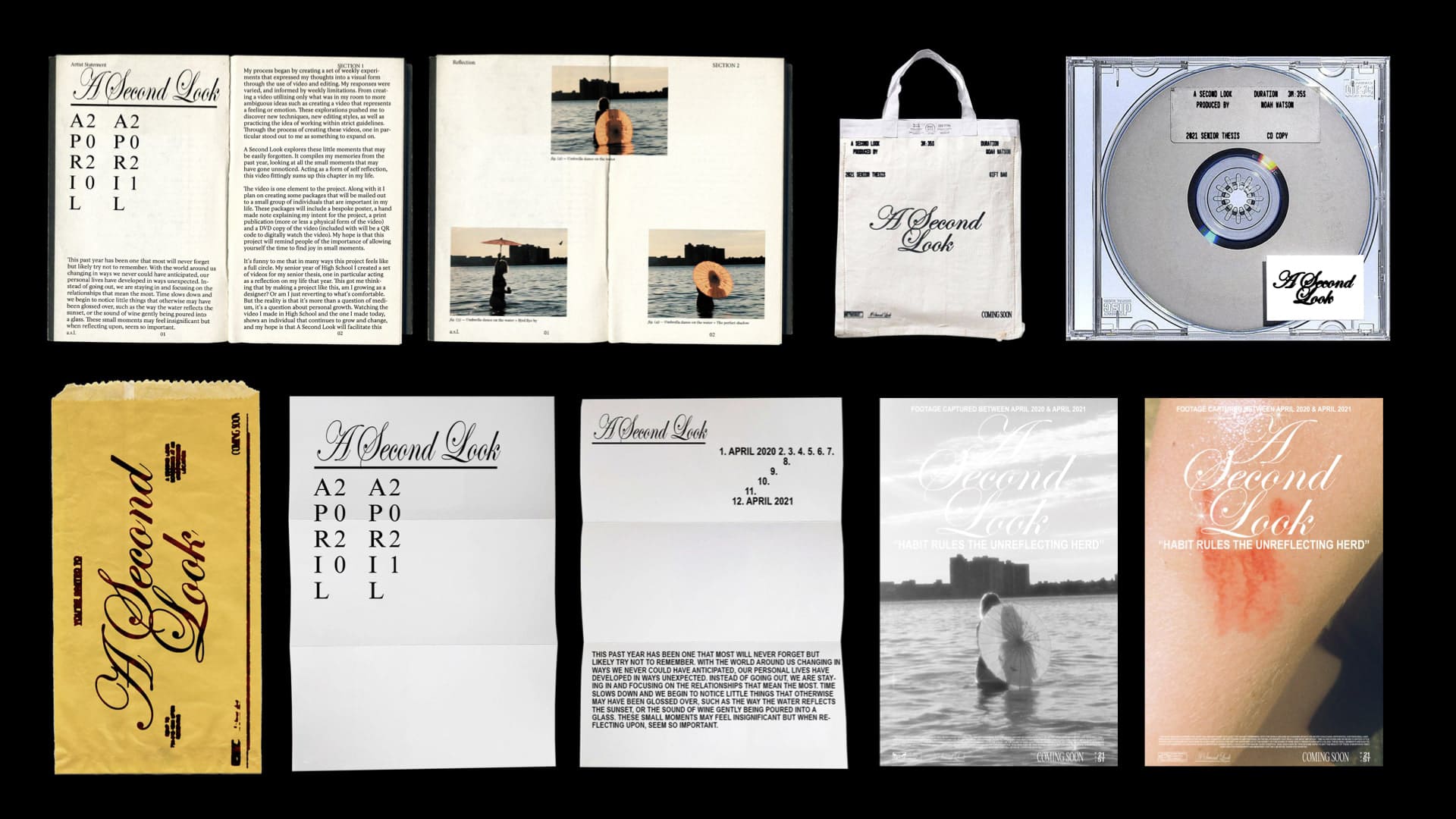 Two open books, a white tote bag with black text, a CD, a yellow paper bag with black text, two letters with black text, and two posters arranged on a black background. One book has plain black text, and the other has three photos of a woman at the beach. One poster has a black and white image of the same woman with a white title. The other poster has a photo of a white stair bannister with a blood smear with a white title that says "A second look".