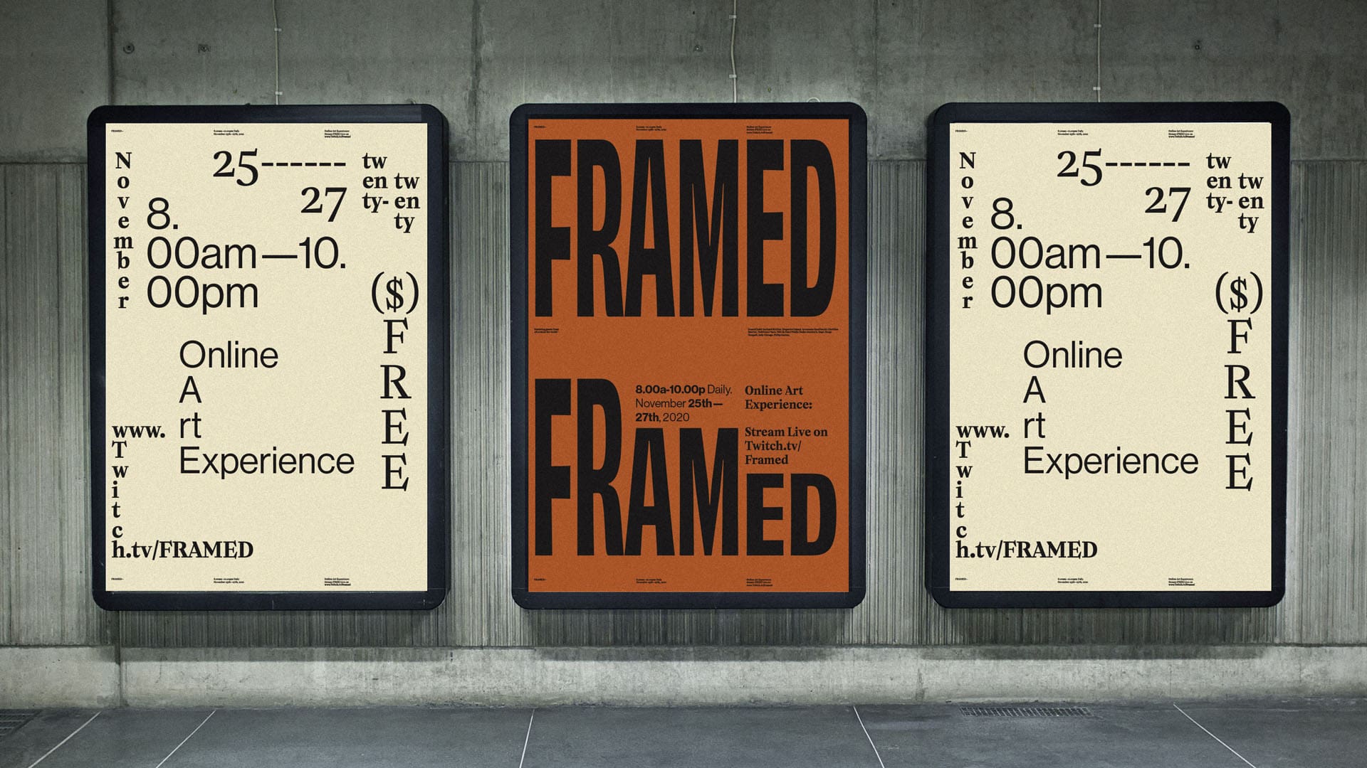 Three posters in black frames on a concrete wall. The two end posters are off-white with black text arranged decoratively around the page. The center poster is orange with black text that reads "Framed" at the top and bottom.