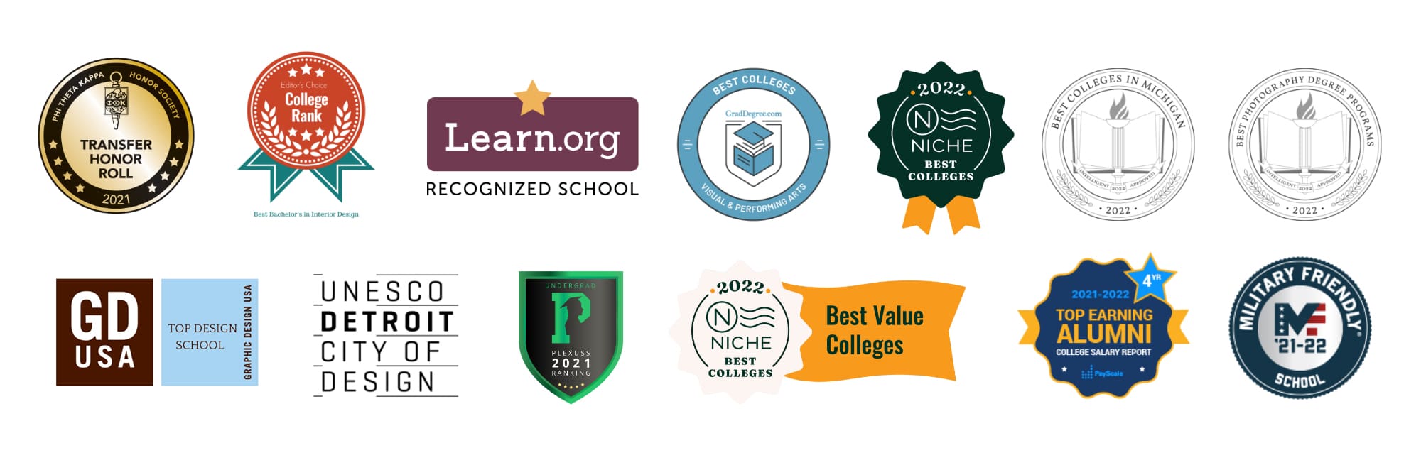 A composite image of the various badges of success that the College for Creative Studies has won