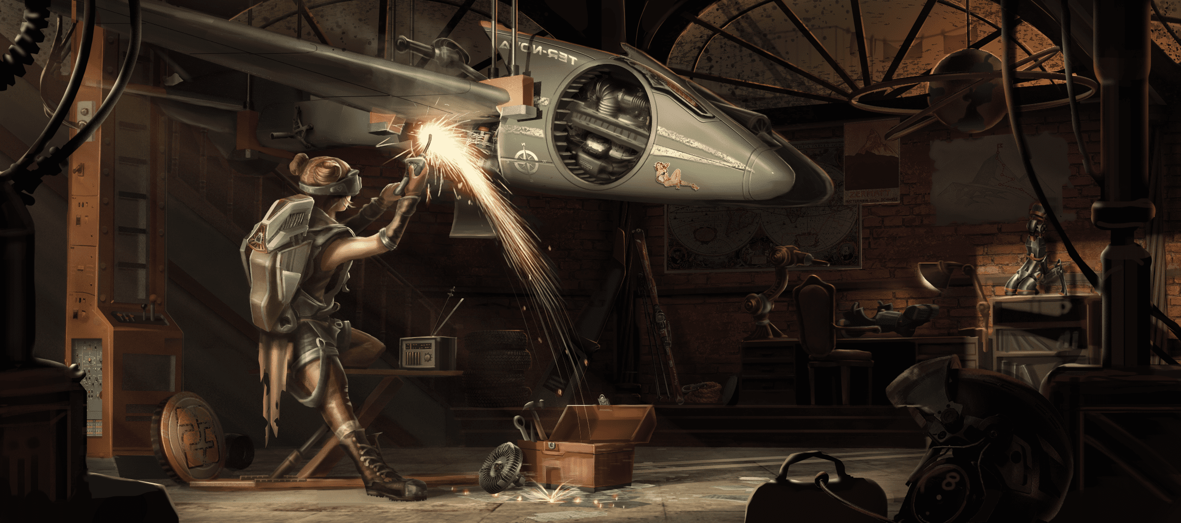 Concept art of a futuristic mechanic working on a war aircraft in a mechanic garage with sparks flying.