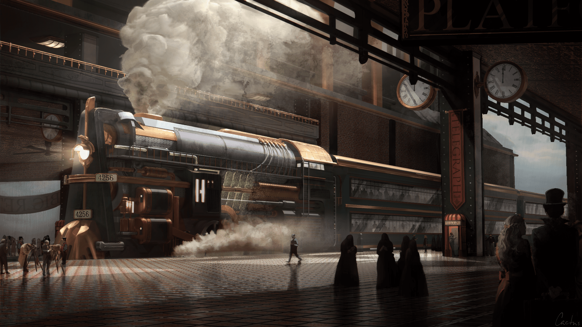 digital illustration of a steam train pulling into a dimly lit station.