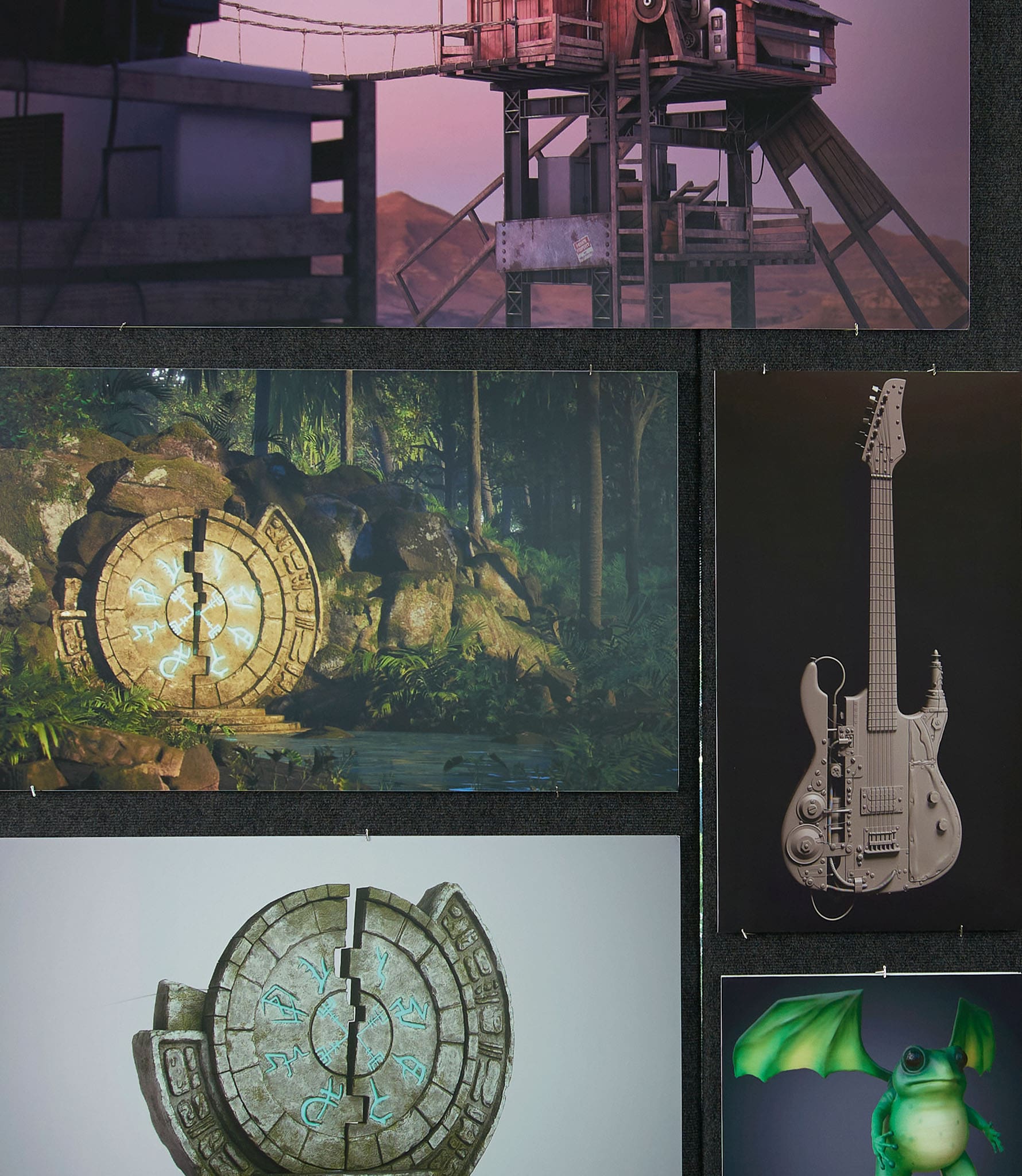graphic game design showing various views of game elements like a clock and guitar that go in the fictional house