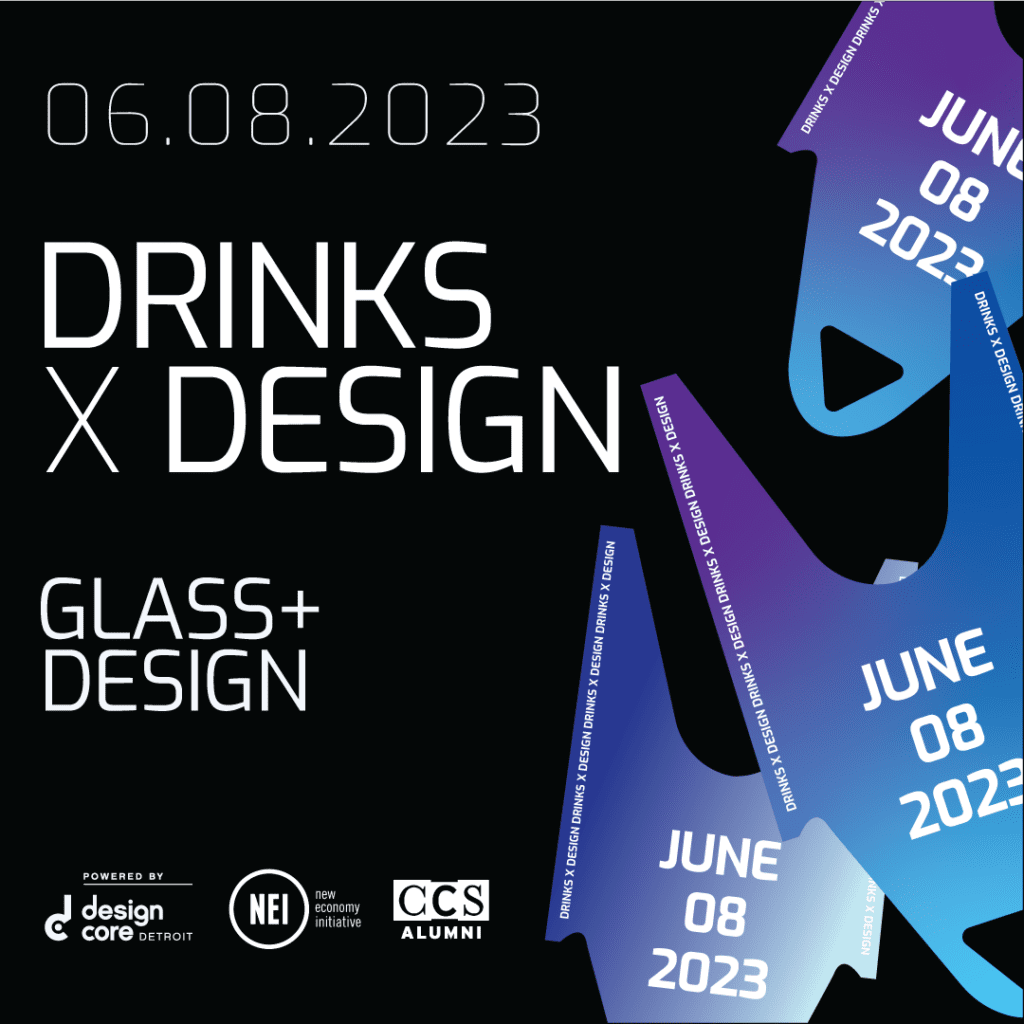 black and blue and purple image with ticket stubs that says Drinks x Design Glass + Design June 8, 2023