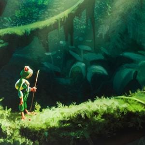 Animation still. Depicts an anthropomorphic treefrog character with a backpack and walking stick walking in the jungle.