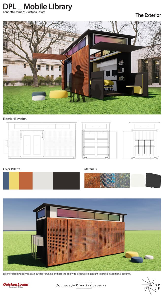 final render, color palette and floor plan of an outdoor mobile library