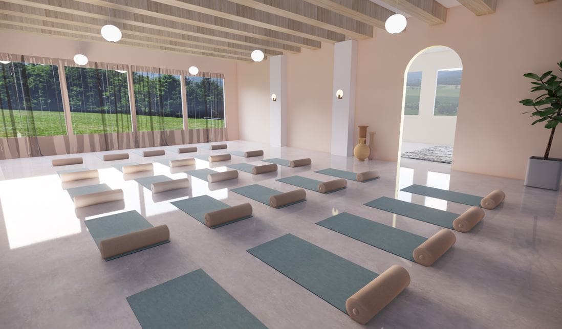 a model of a large yoga studio with large open windows and exposed beams