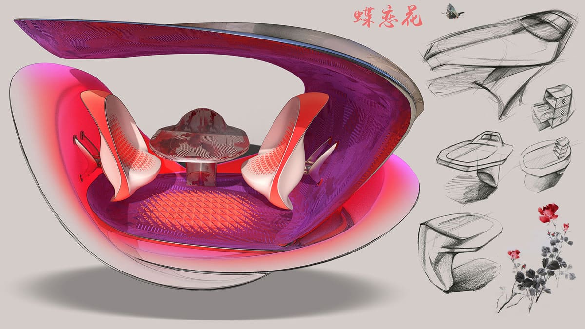 concept sketches of a red and purple vehicle with a table between two seats