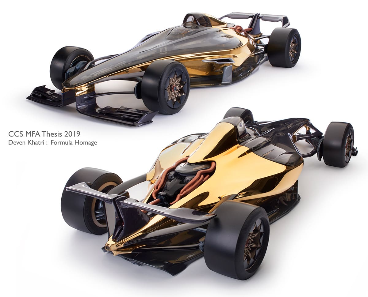 both front and rear view of a gold and black formula one race car