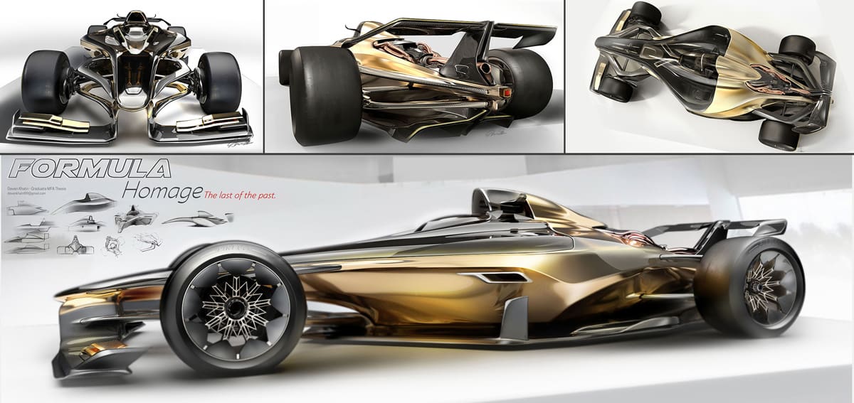 concept sketches and final render of a gold and black formula one race car from different angles
