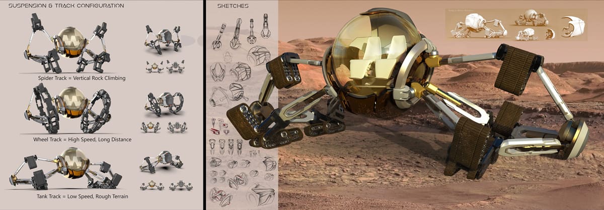 final render and concept sketches of vehicle with three different functions for the rocky terrain of mars