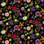 Brightly colored floral print with realistic flowers on a black background