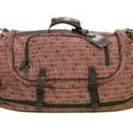 Brown duffel bag with a red pattern that says "Crypton"