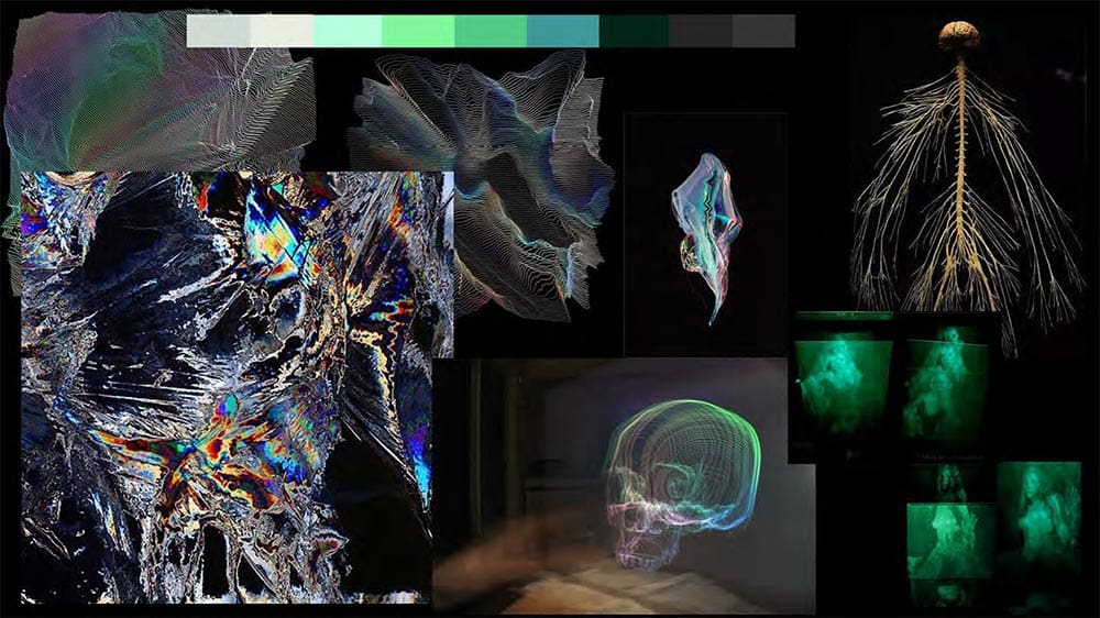 Inspiration board for a Character. the photos include images of the human nervous system, a green color scheme, and iridescent objects.
