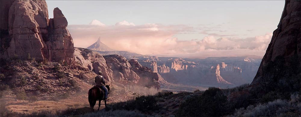 Digital rendering of a cowboy on his horse standing in the opening of a mountain valley, looking out over a huge canyon.