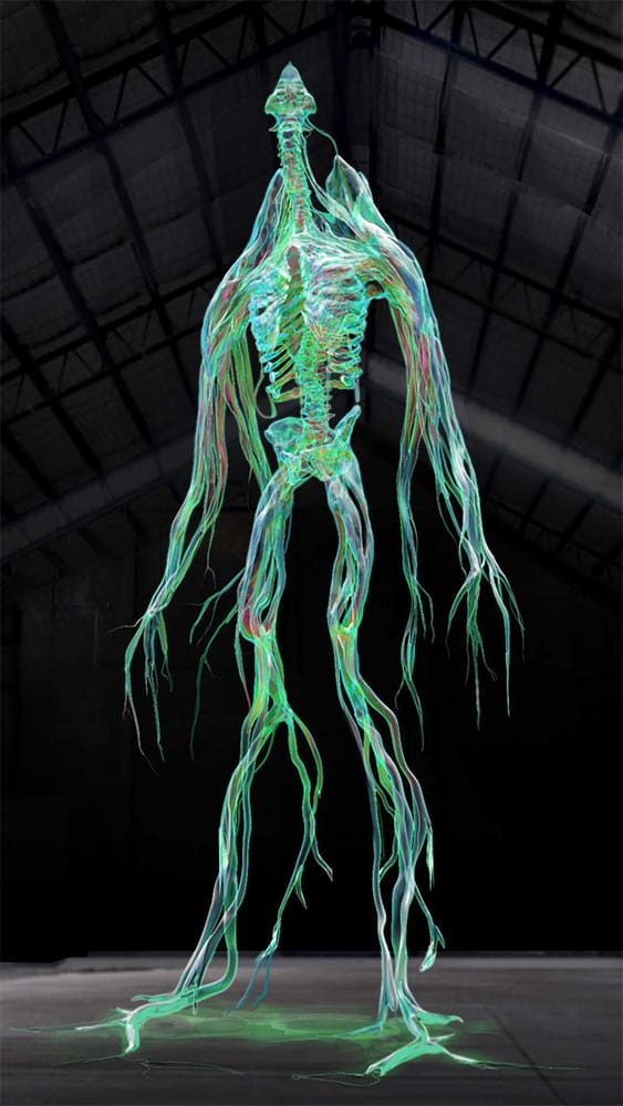 Final Render: Character. The character is a tall and thin green glowing monster made up of countless sinewy strands, resembling the human nervous system.