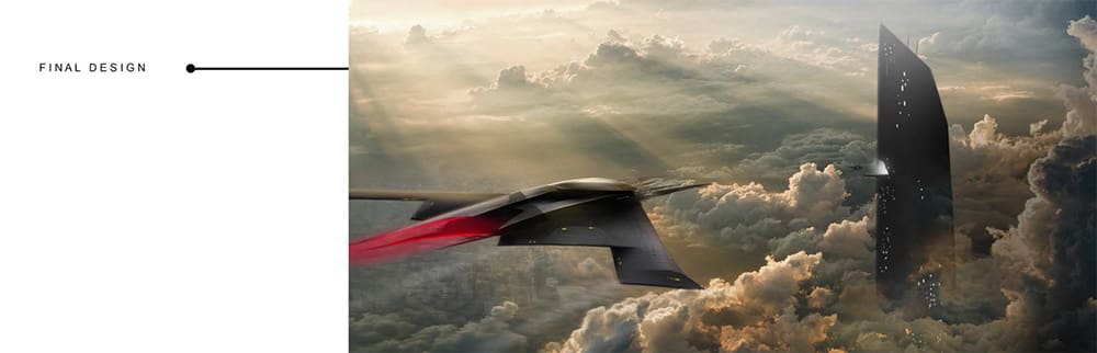 Final Render, Key Frame: Vehicle. Sleek, futuristic black concept jet flying over the clouds.