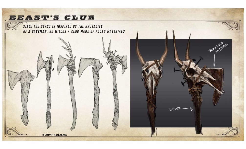 Digital renderings of a rusty axe with a horned animal skull tied to the end. To the left are five digital sketches of various old axes with different blade shapes and types of handles.