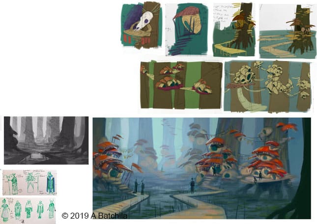Various digital sketches and illustrations depicting a fantasy city deep in a foggy forest.